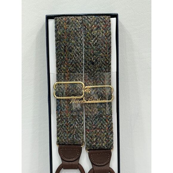 NEW Brooks Brothers Suspenders Braces Tweed And Brown Leather Adjustable OS - Picture 2 of 6